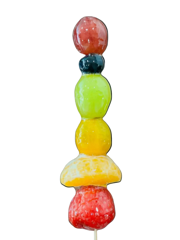 Colorful mixed-fruit rainbow tanghulu skewer with glossy crystal glaze, made to celebrate Pride